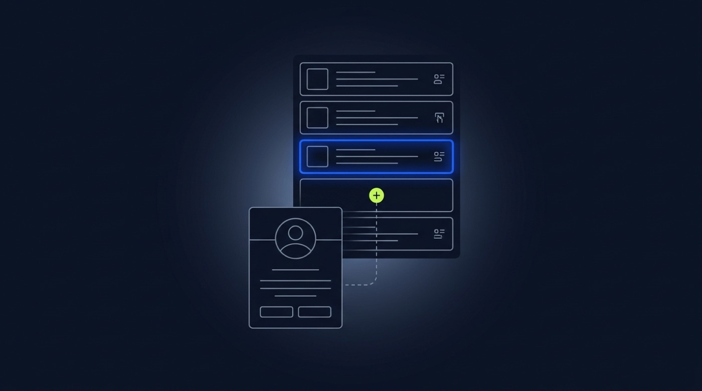 A profile card sitting outside a list of recruiter search results, connected by a dashed line to the empty slot where it should have appeared.